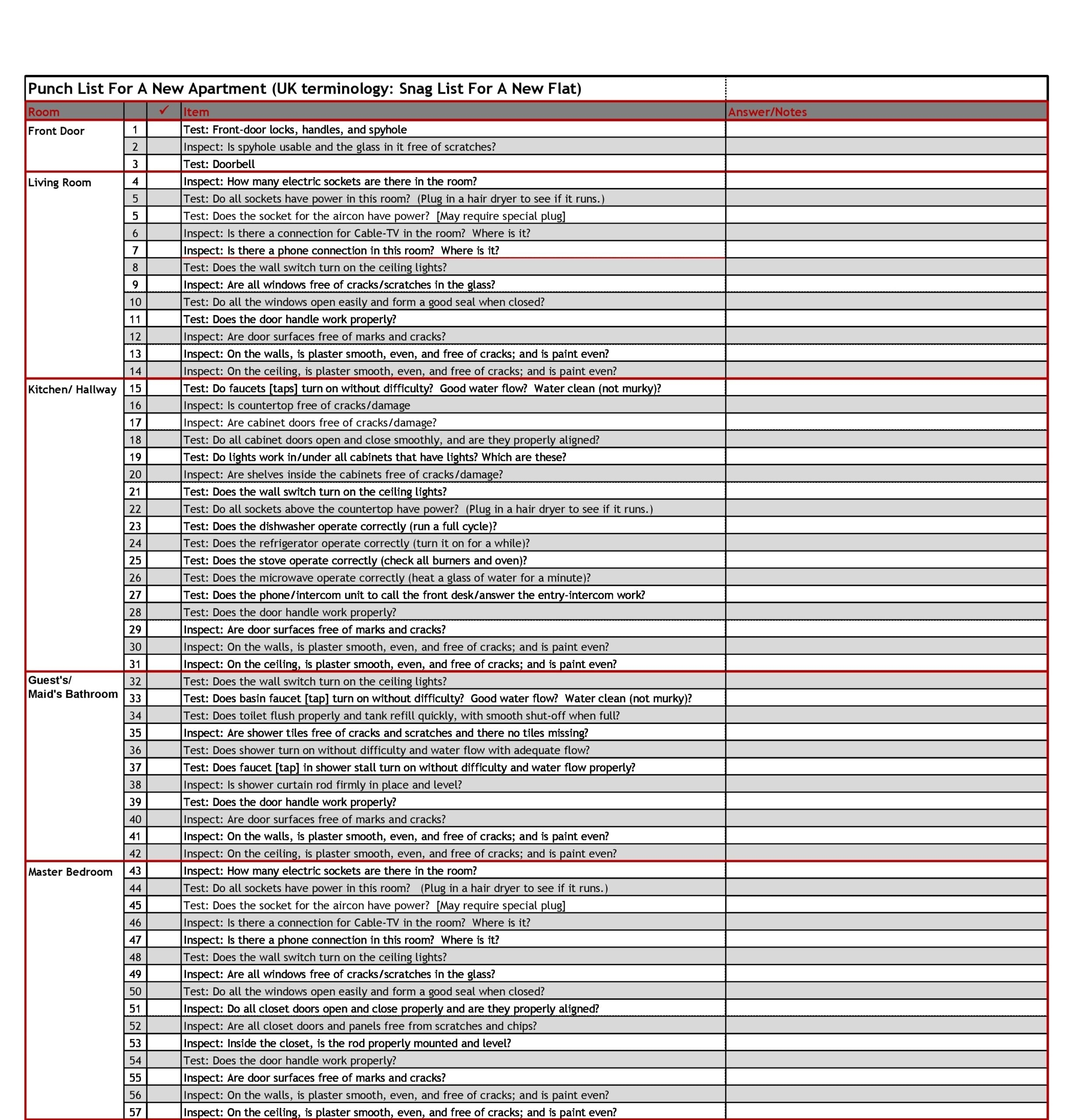 Punch List Template Excel