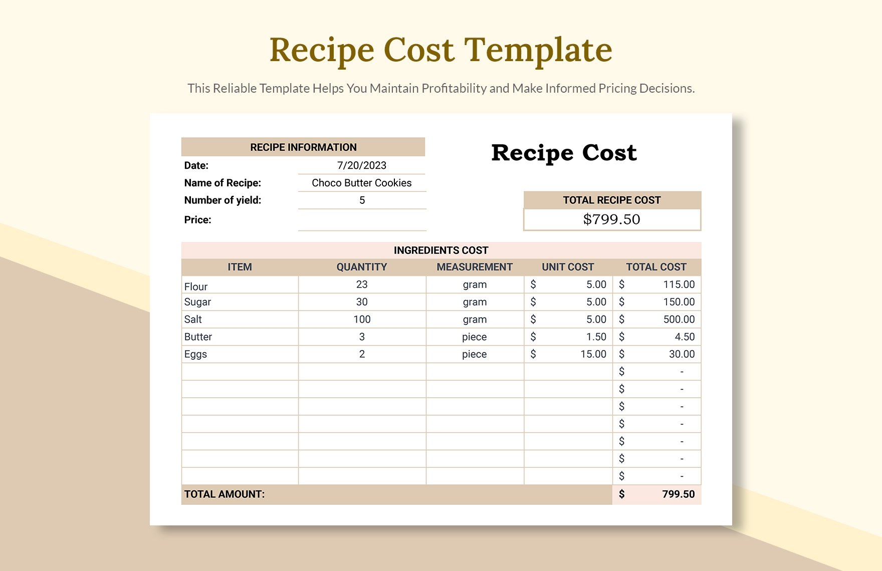 Recipe Cost Template In Excel Google Sheets Download Template