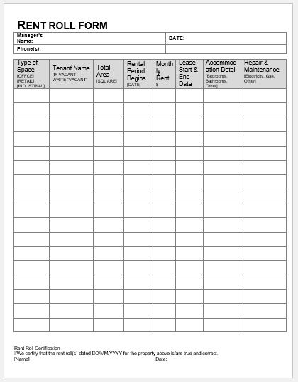 Rent Roll Form Templates For MS Word Download Sample