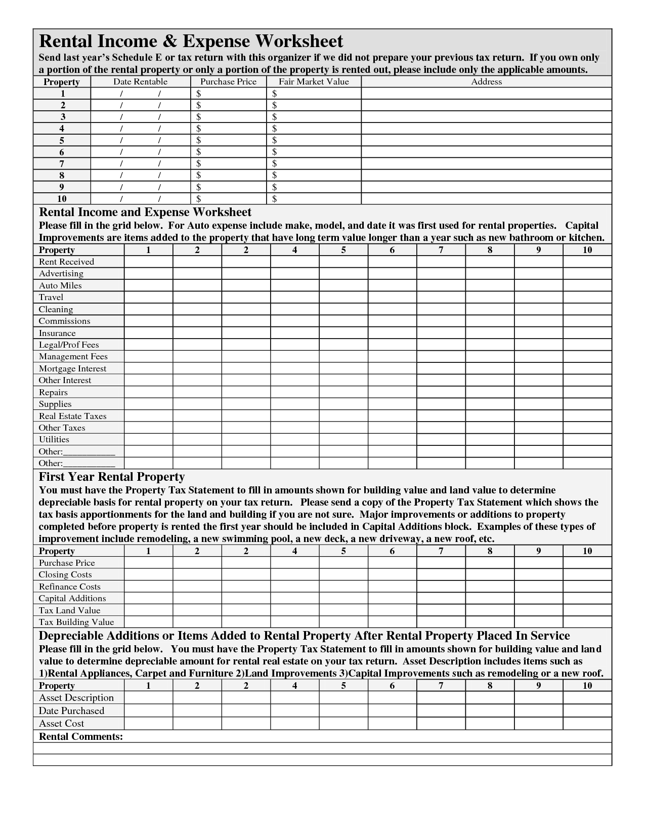 Rental Property Income And Expense Worksheet Printable Pdf Download 