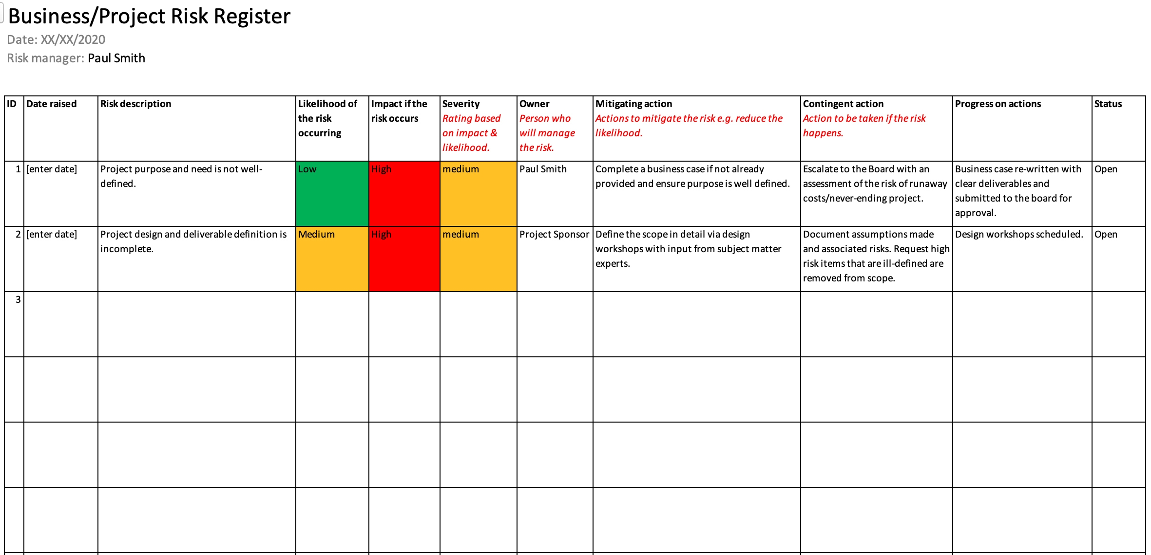 Risk Log Template Excel