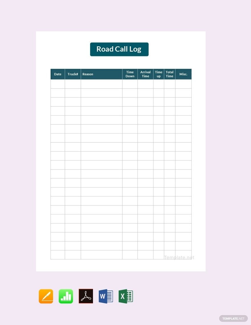 Road Call Log Template In Pages Numbers Portable Documents MS Word 