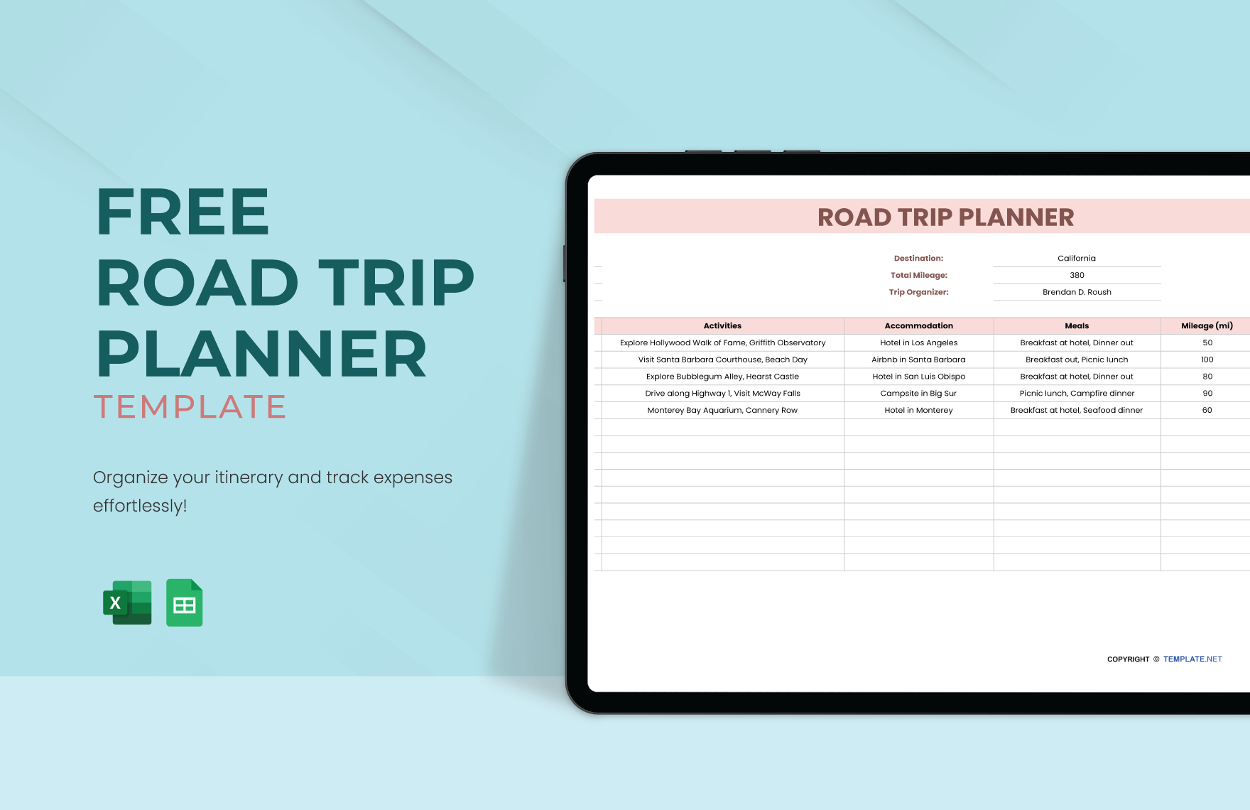 Road Trip Planner Template In MS Excel Google Sheets Download
