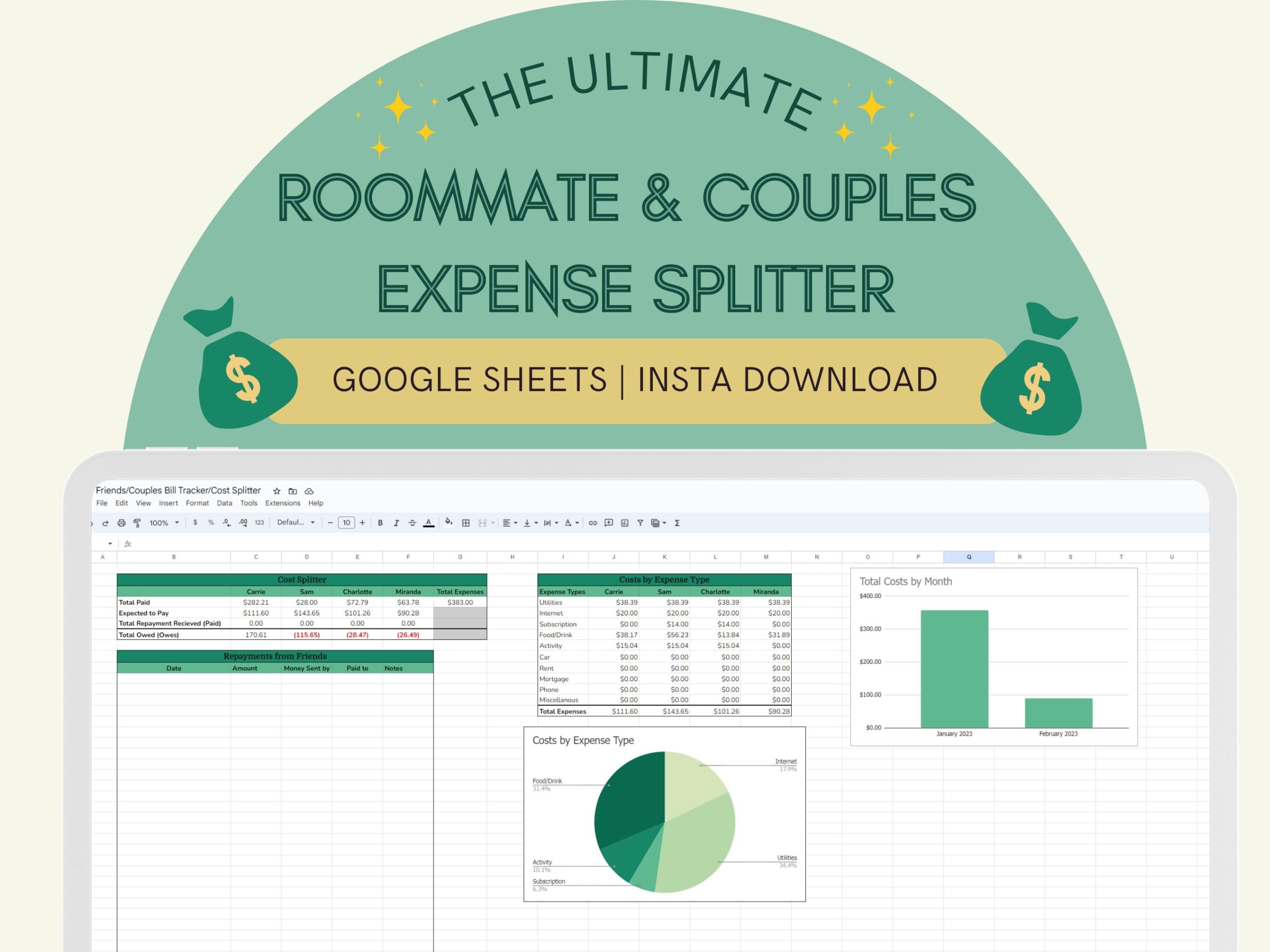 Roommates Couples Expense Tracker Cost Splitter Template Planner 