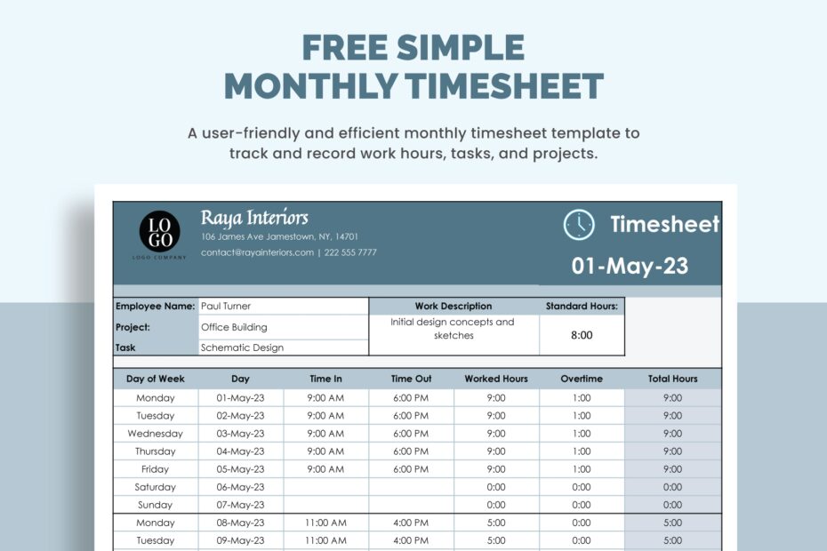 Simple Monthly Timesheet In Excel Google Sheets Download Template