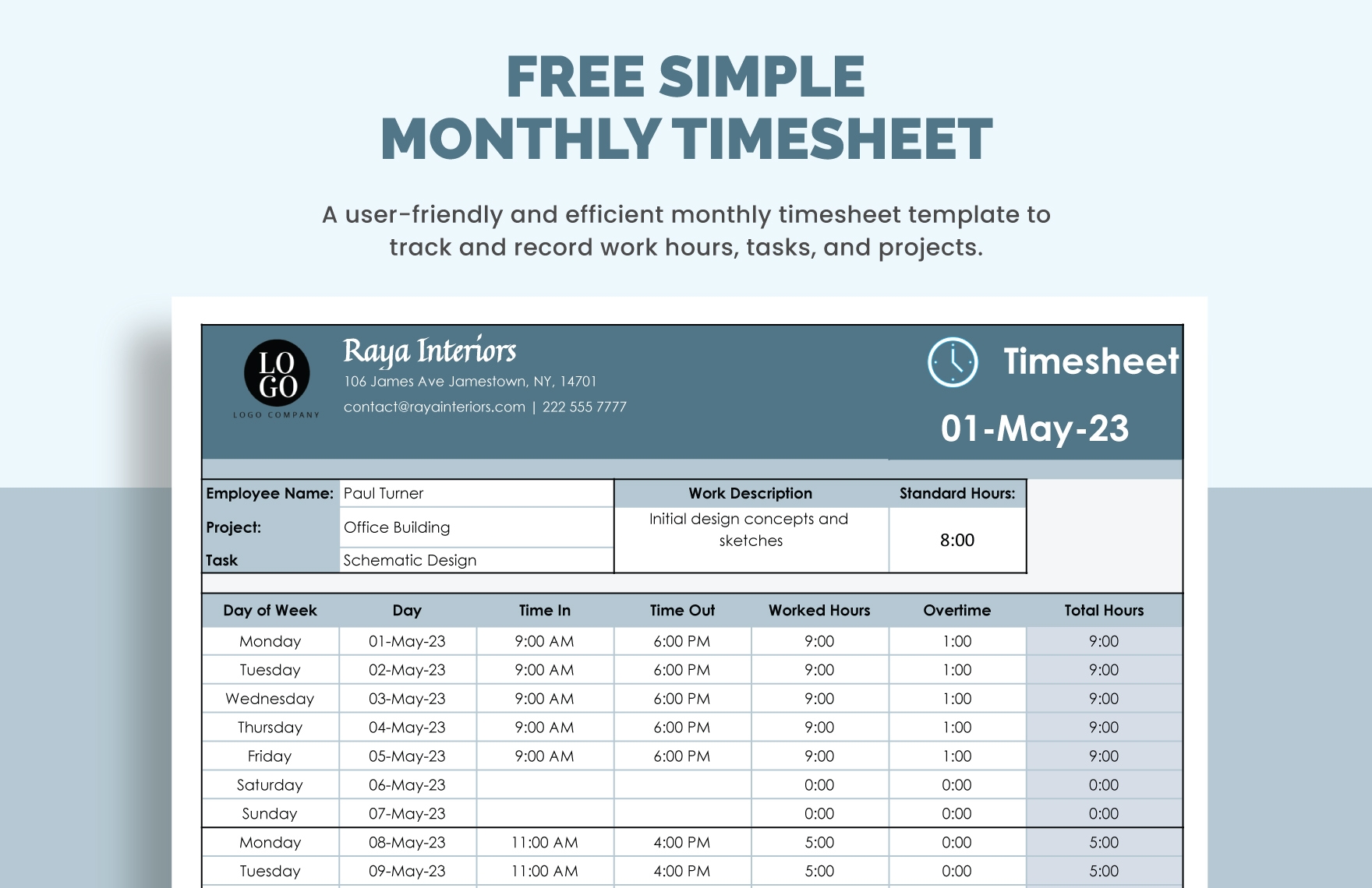 Simple Monthly Timesheet In Excel Google Sheets Download Template