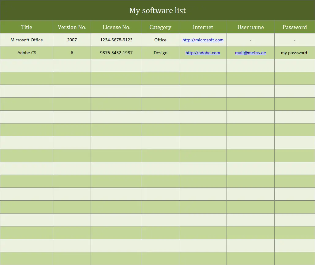 Software List As Excel Template
