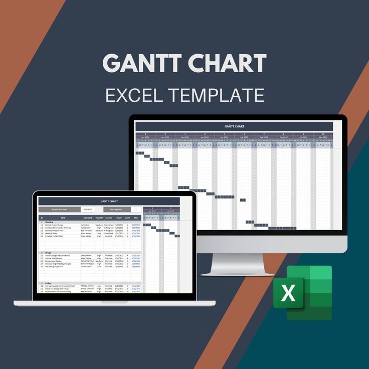 The Gant Chart Excel Template Is Displayed On Two Computer Screens