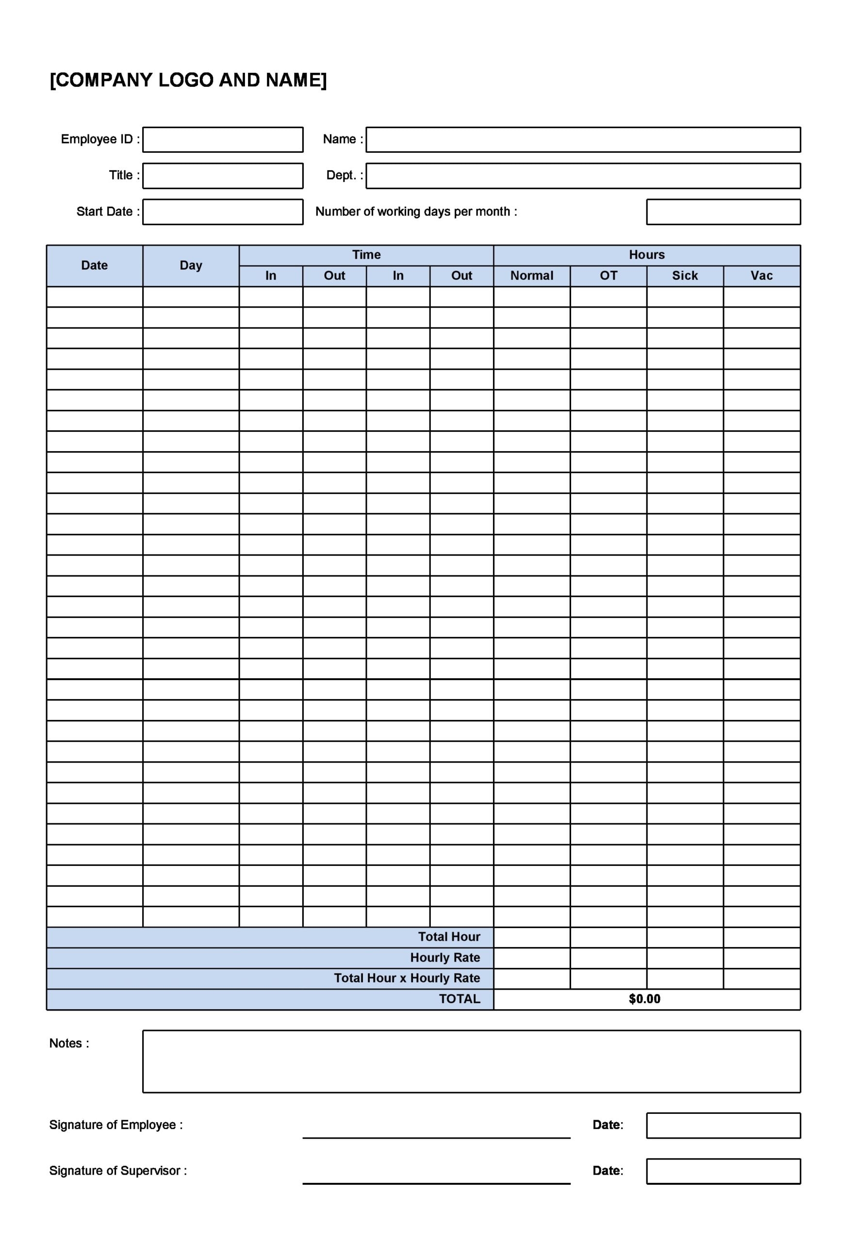Time Log Template Excel