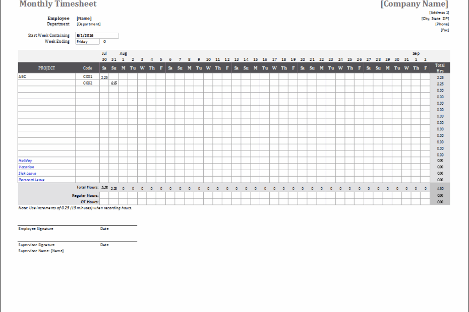 Time Recording Spreadsheet With Monthly Timesheet Template For Excel