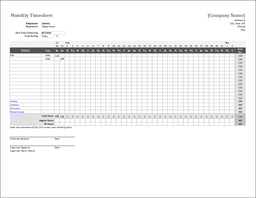 Time Recording Spreadsheet With Monthly Timesheet Template For Excel 