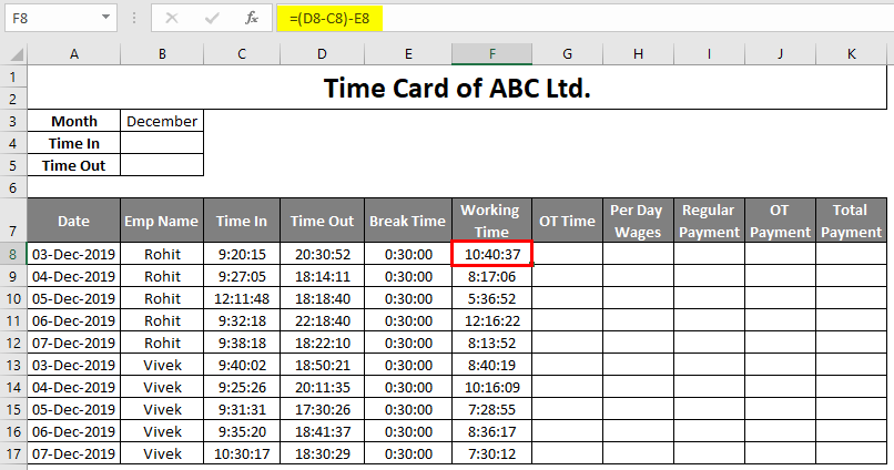 Timecard Template In Excel Recording Data Using Timecard Template