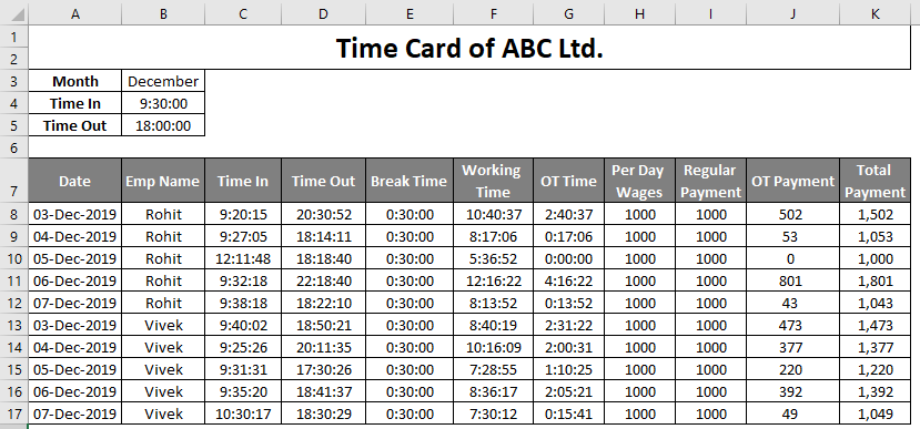 Timecard Template In Excel Recording Data Using Timecard Template