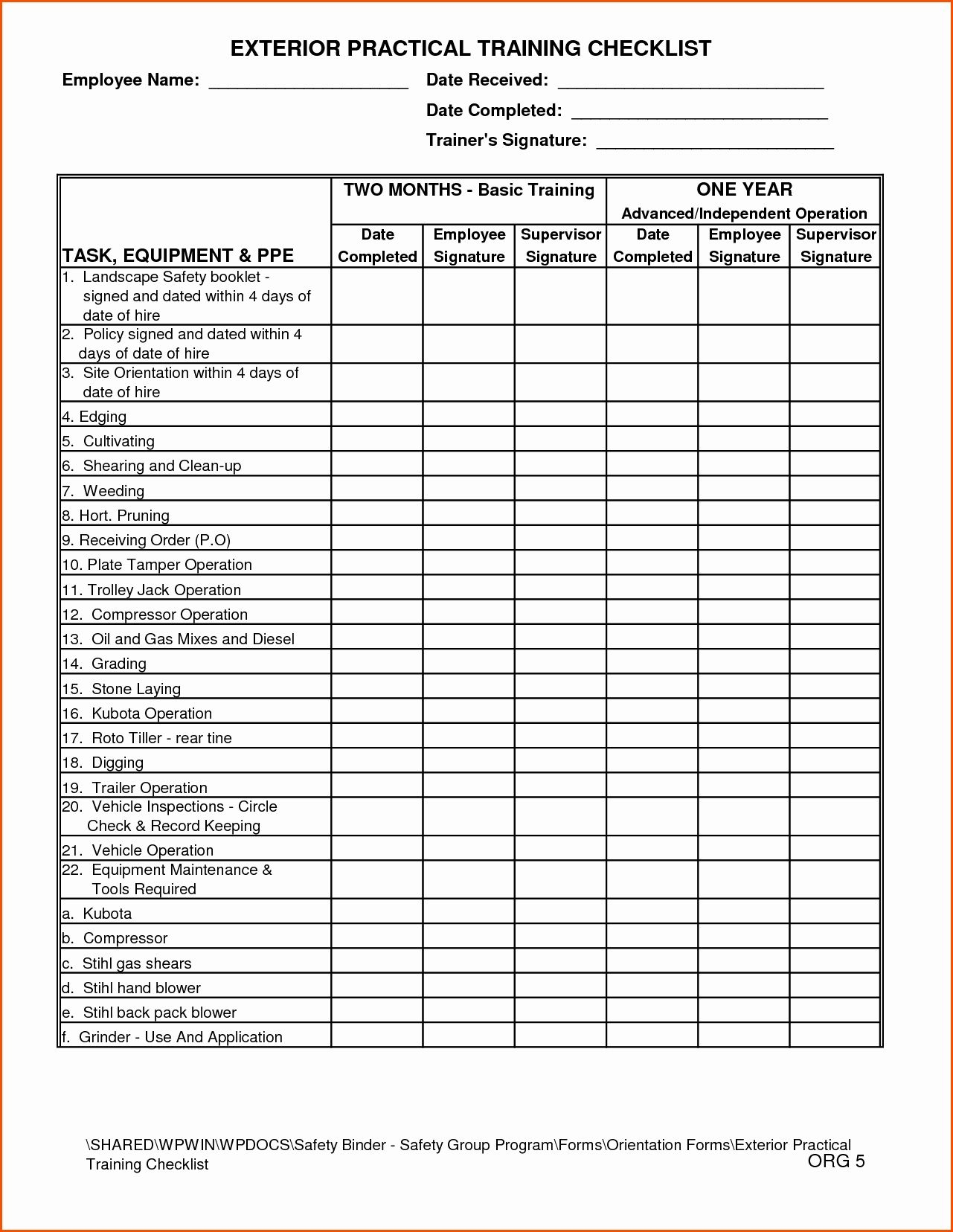 Training Checklist Template Excel Printable Word Searches