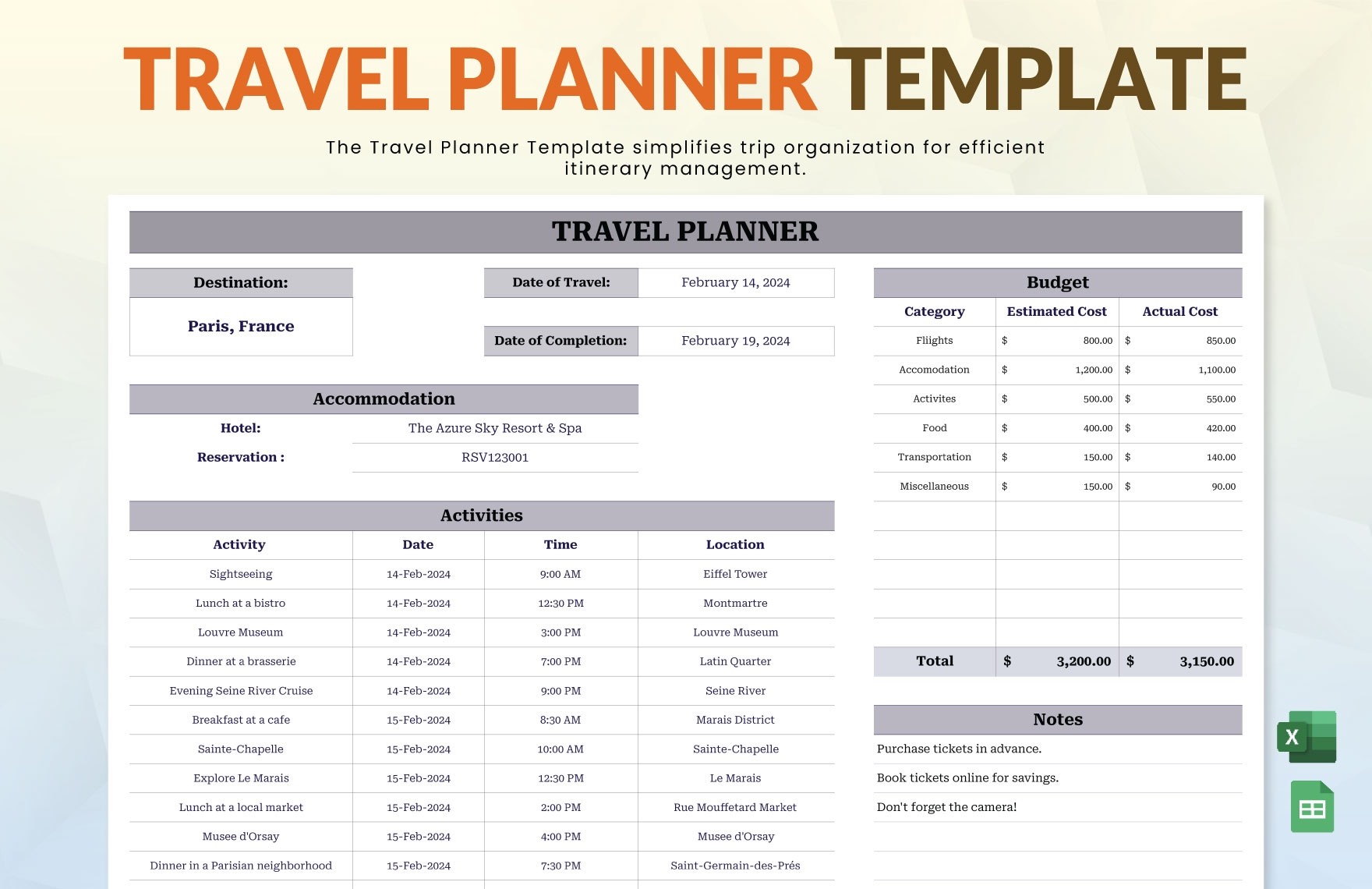 Travel Planner Templates In Excel To Download
