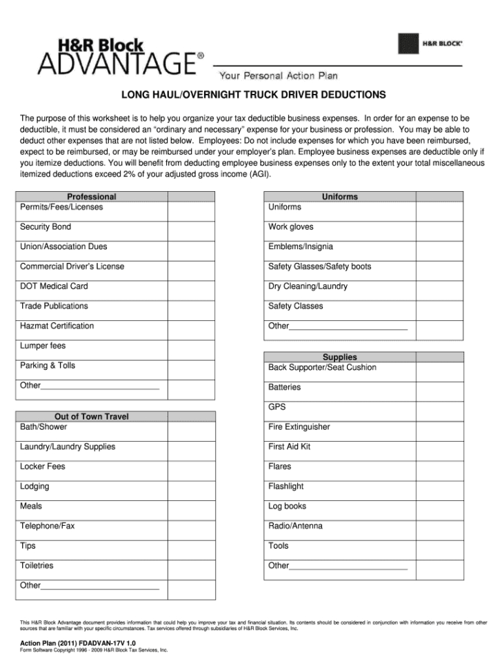 Truck Driver Expense Blank Forms Fill Online Printable Db excel