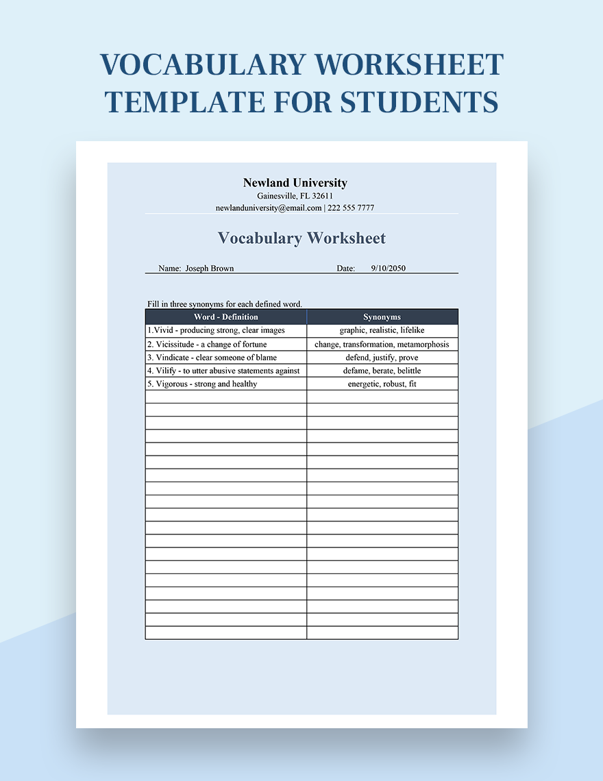 Vocabulary Worksheet Template For Students Excel Google Sheets 
