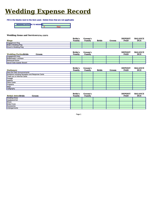 Wedding Expense Record Printable Pdf Download