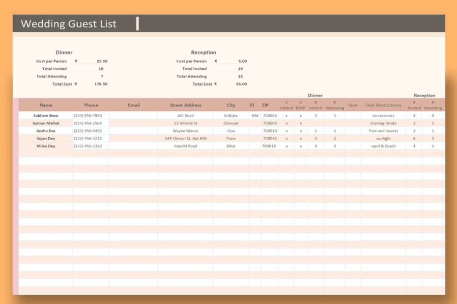 Wedding Guest List Excel Template