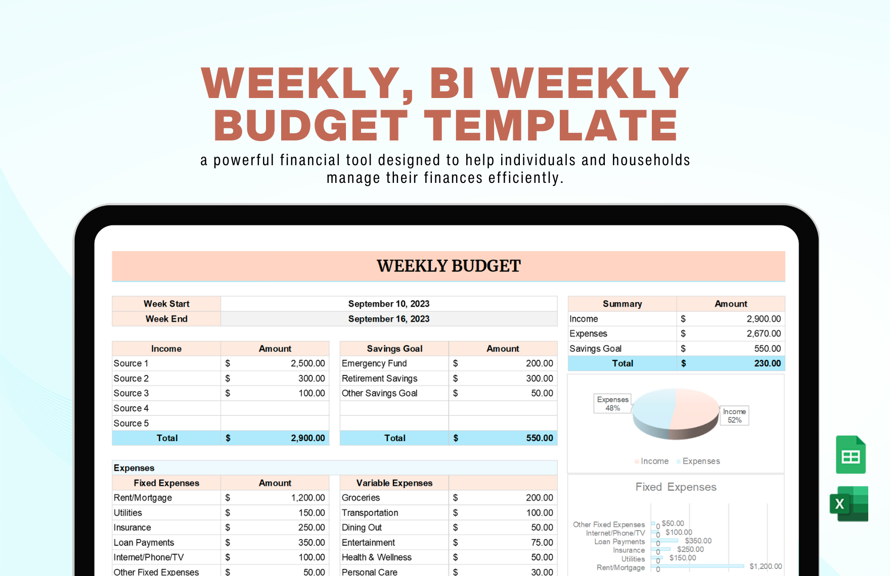Weekly Bi Weekly Budget Template In Excel Google Sheets Download 