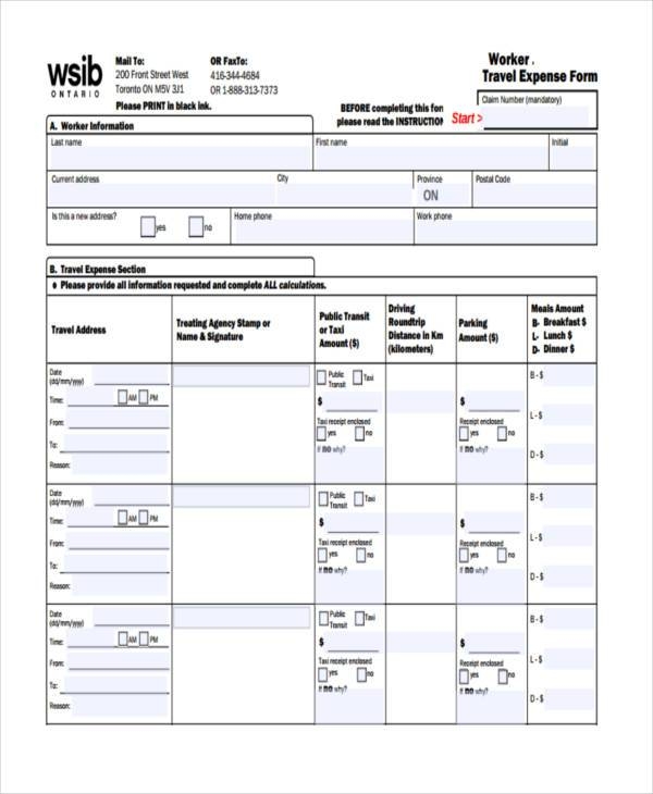 Wsib Travel Expense Form Printable Printable Forms Free Online