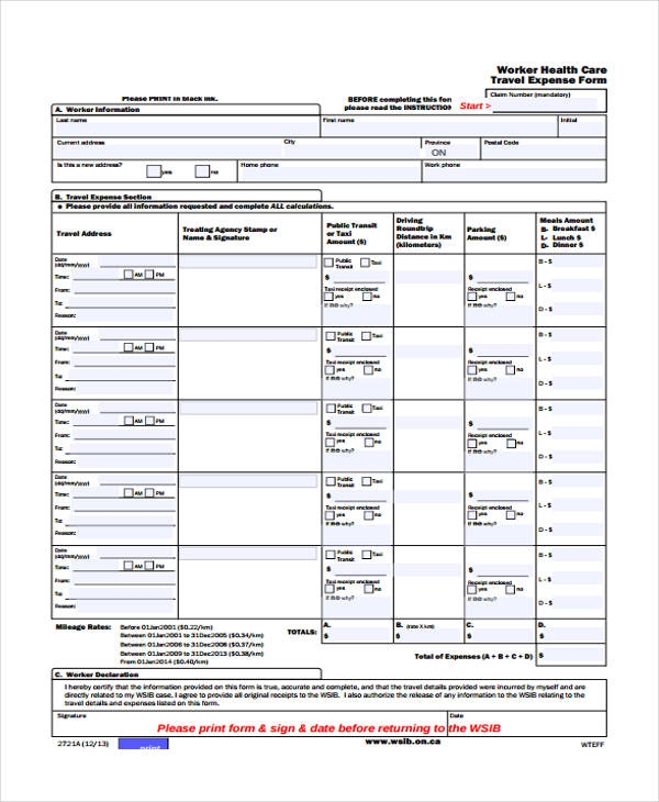 Wsib Travel Expense Form Printable Printable Forms Free Online